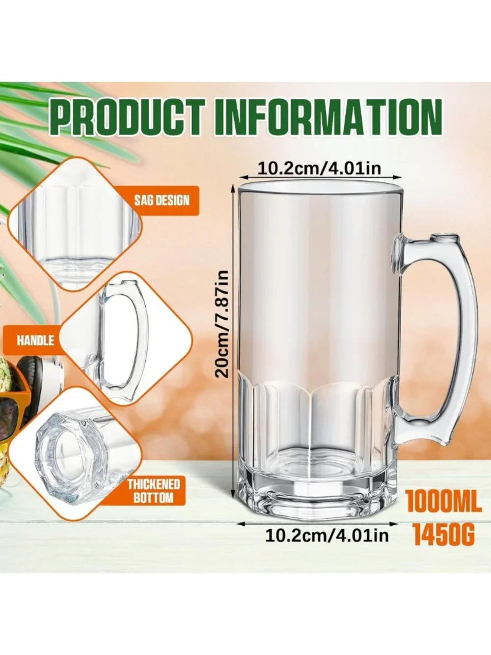 Extra Large 34 oz Glass Beer Mugs Set of 4 with Handles - Perfect for Parties!